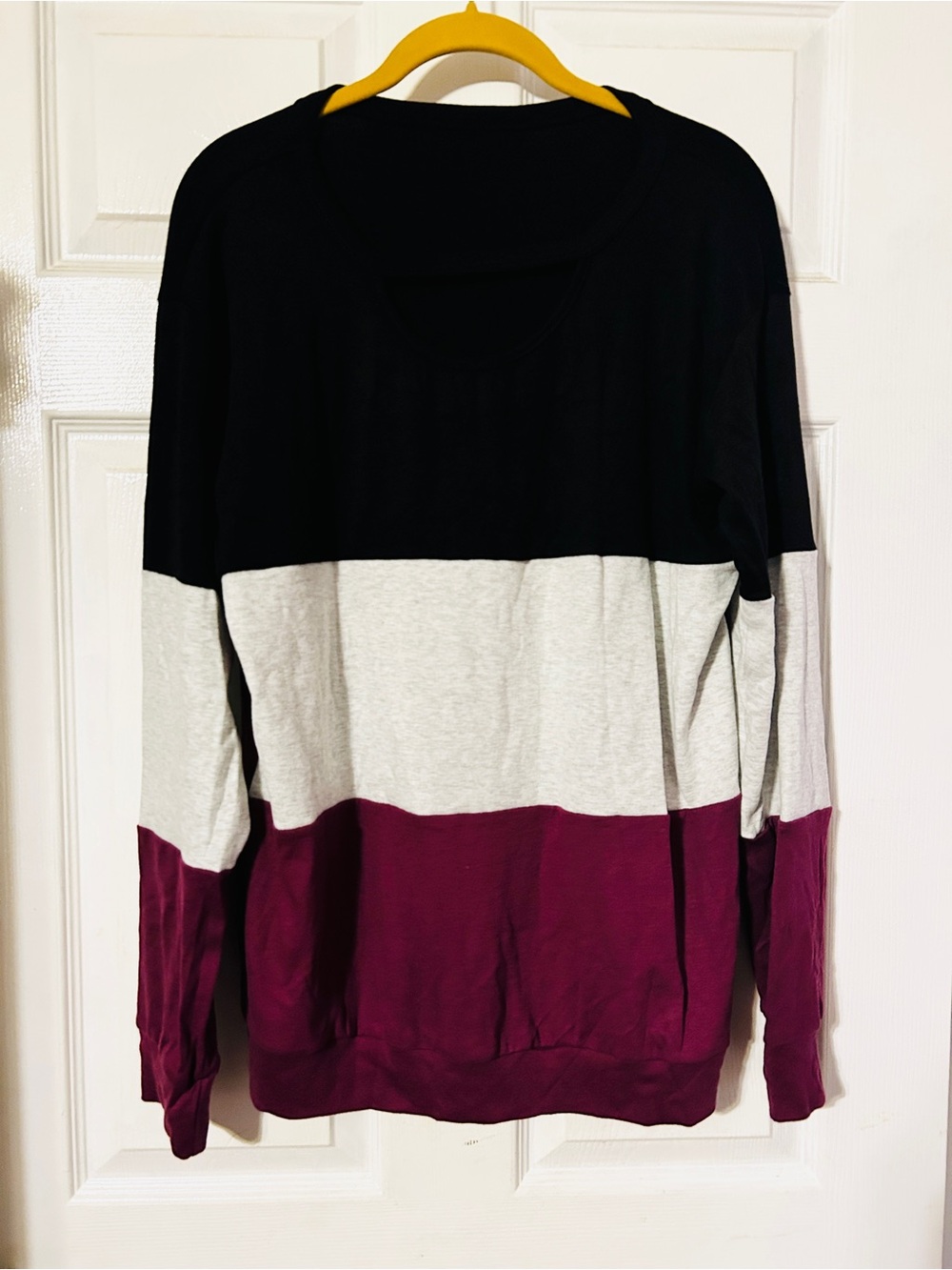MAC Cosmetics Black, Light Gray & Burgundy Colorblock Crew Sweater